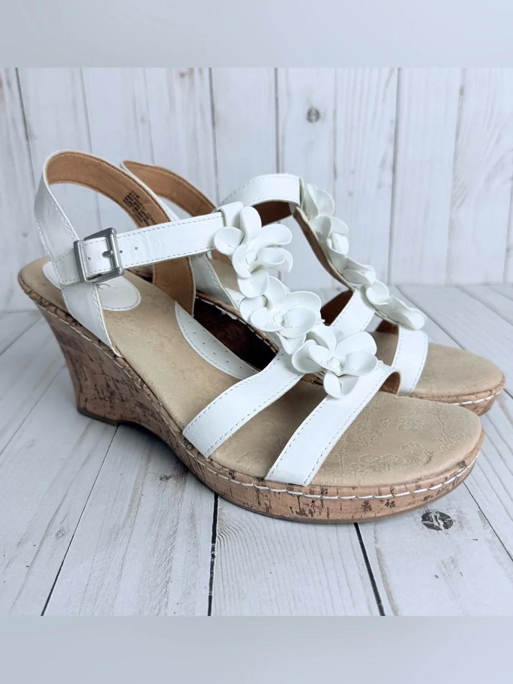 B.O.C. White Flower Vegan Leather Cork Wedges Open Toe Slingback Sandals